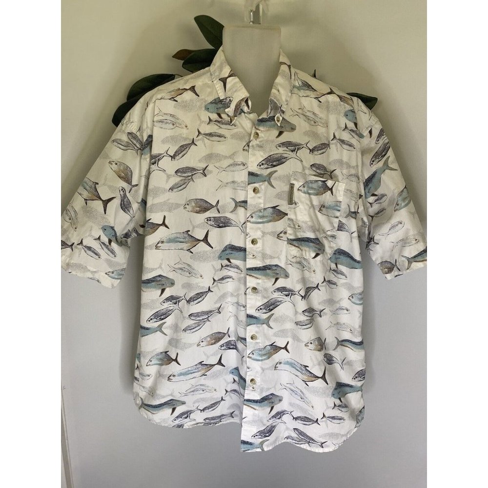 Columbia Men's Fish Print Button Up Shirt XL Vintage Pocket Logo 100% Cotton EUC
